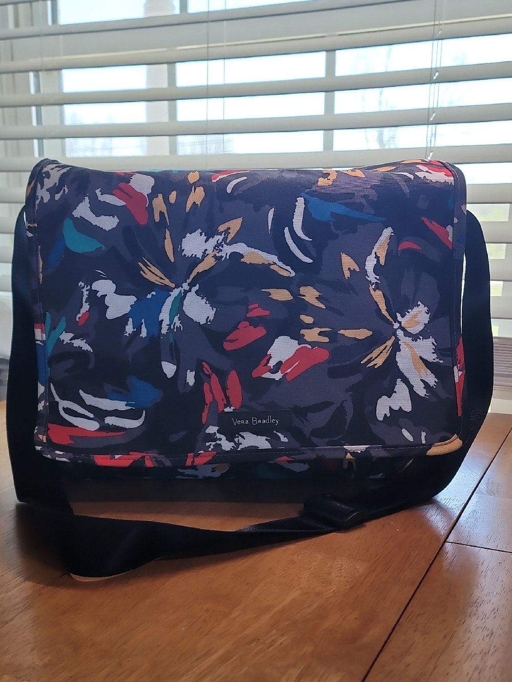 Vera Bradley Black Floral-Abstract Messenger Bag with Multicolor Accents
